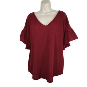 She and Sky Red Ribbed Knit Top Vneck Women Size M Short Flutter Sleeve